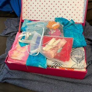 Box of Fabric and ribbons. Scraps and project leftovers. DESTASH